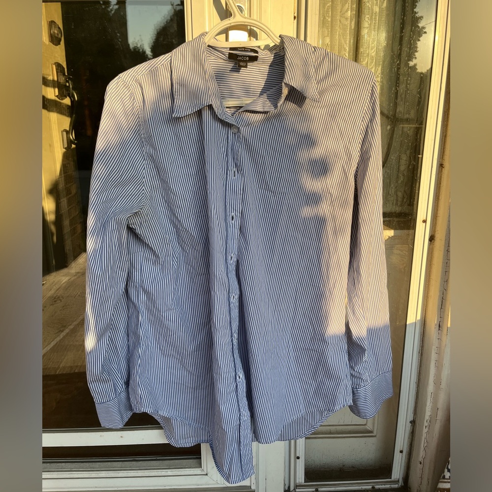 Jacob | women’s blue & white cotton pinstripe button down shirt